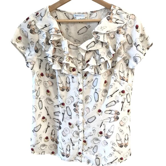 Van Heusen Studio Ruffled Blouse: Vintage Top Women’s Shoe & Coffee Print Size M - Picture 3 of 13